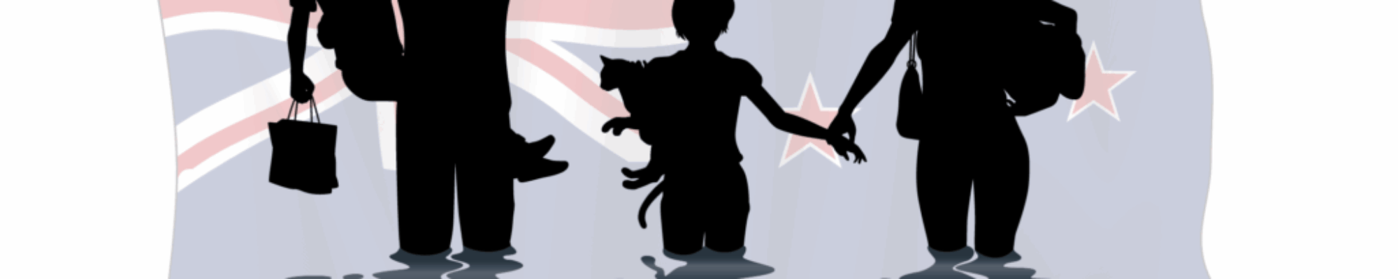 NZ family walking out of their home during a flood. NZ flag in the back ground