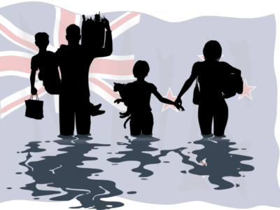 NZ family walking out of their home during a flood. NZ flag in the back ground