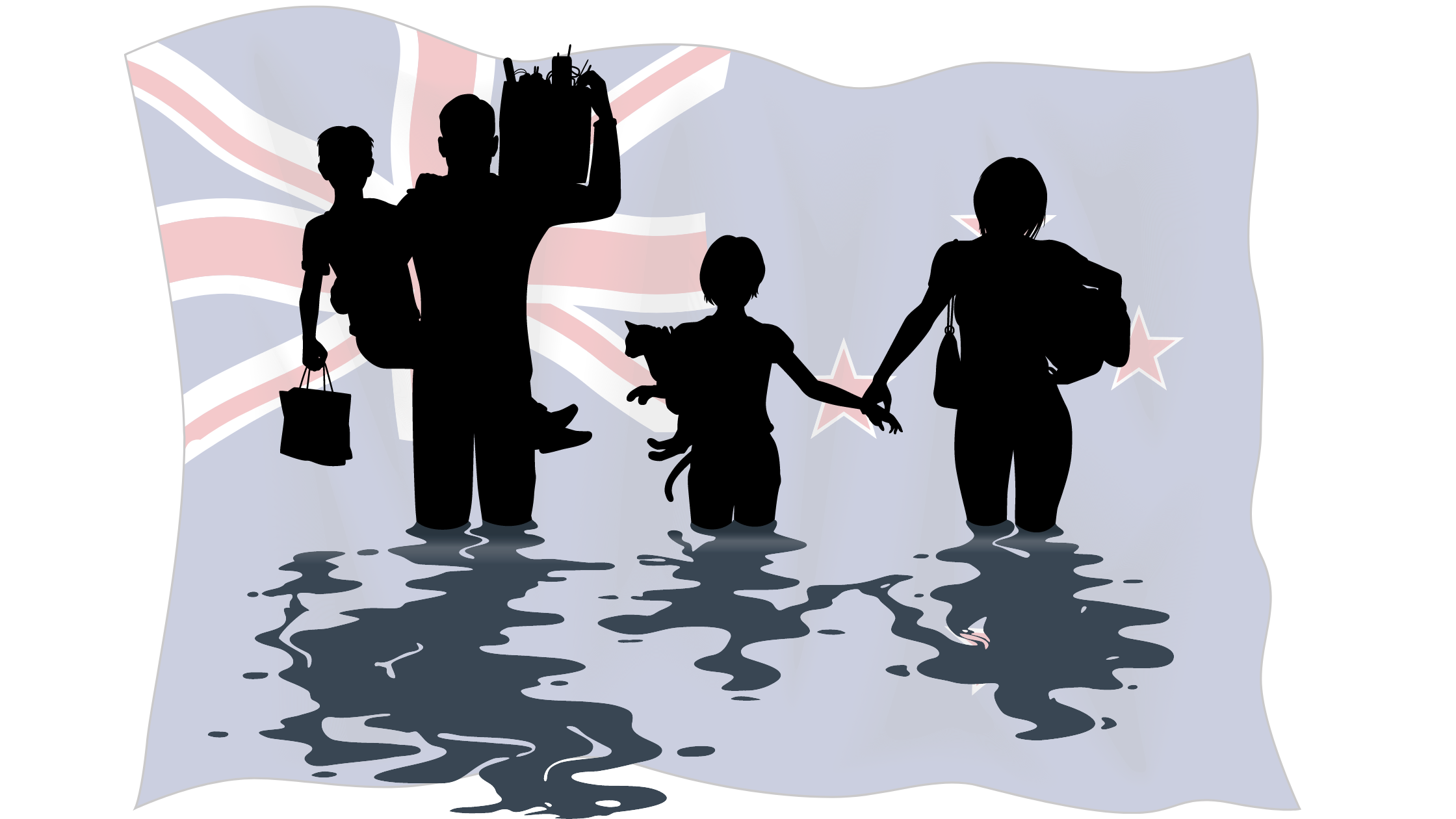 NZ family walking out of their home during a flood. NZ flag in the back ground